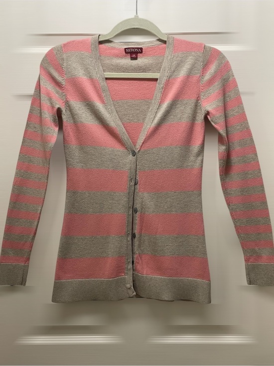 Merona Sweaters - Merona Pink and Gray/Beige Striped V-Neck Button Cardigan